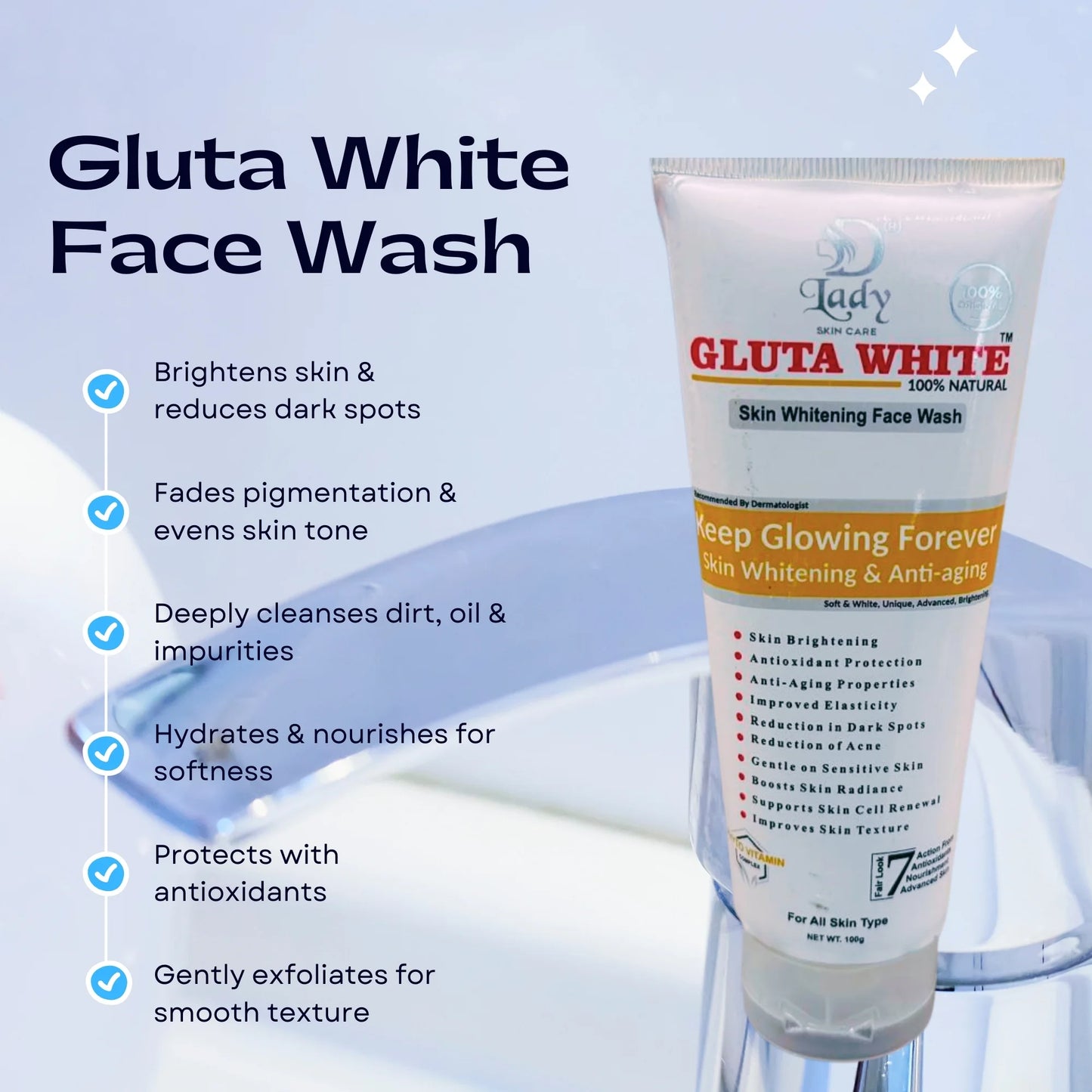 Gluta White Skin Whitening Face Wash | 7-in-1 Brightening & Anti-Aging Formula