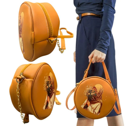 Round Retro Crossbody Handbag | Caramel Faux Leather with Artistic Print for Women