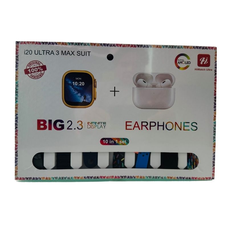 i20 Ultra Max Suit Smartwatch & Earbuds Combo – 10-in-1 Set with 7 Straps| Random